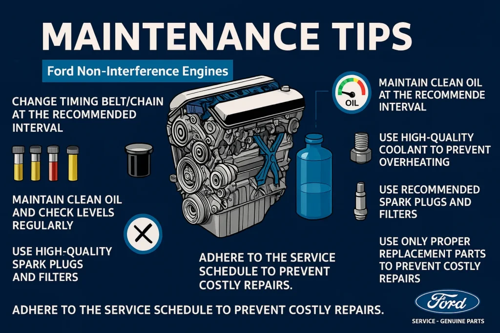 "Ford non-interference engine maintenance tips: oil checks, timing belt change, coolant use, spark plugs, and service schedule."