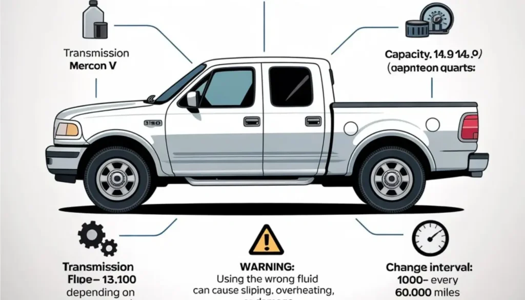 2001 Ford F150 Transmission Fluid Type guide showing capacity, Mercon V fluid, and maintenance tips.