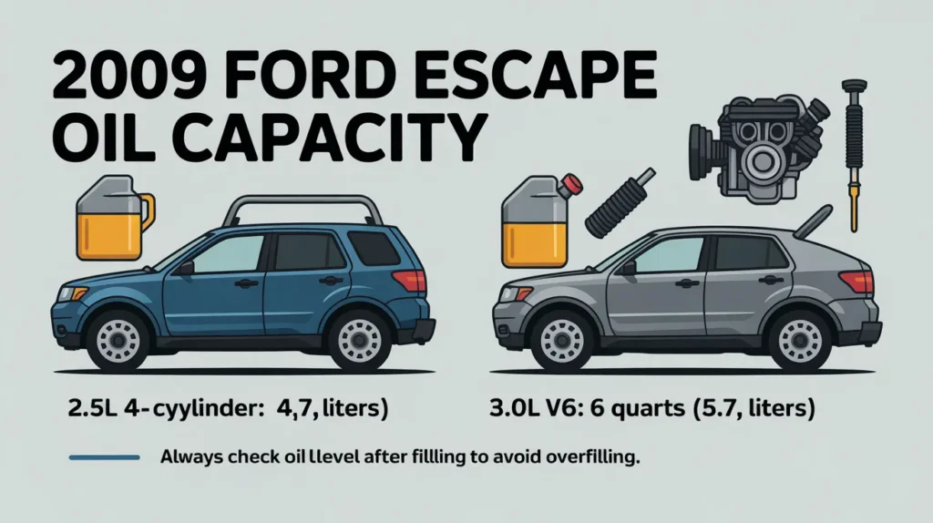 “2009 Ford Escape oil capacity chart showing 2.5L engine at 4.7 liters and 3.0L V6 at 5.7 liters.”
