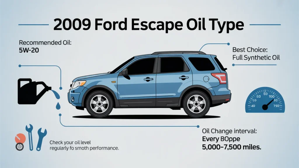 “2009 Ford Escape oil type guide showing recommended 5W-20 full synthetic oil and oil change interval tips.”