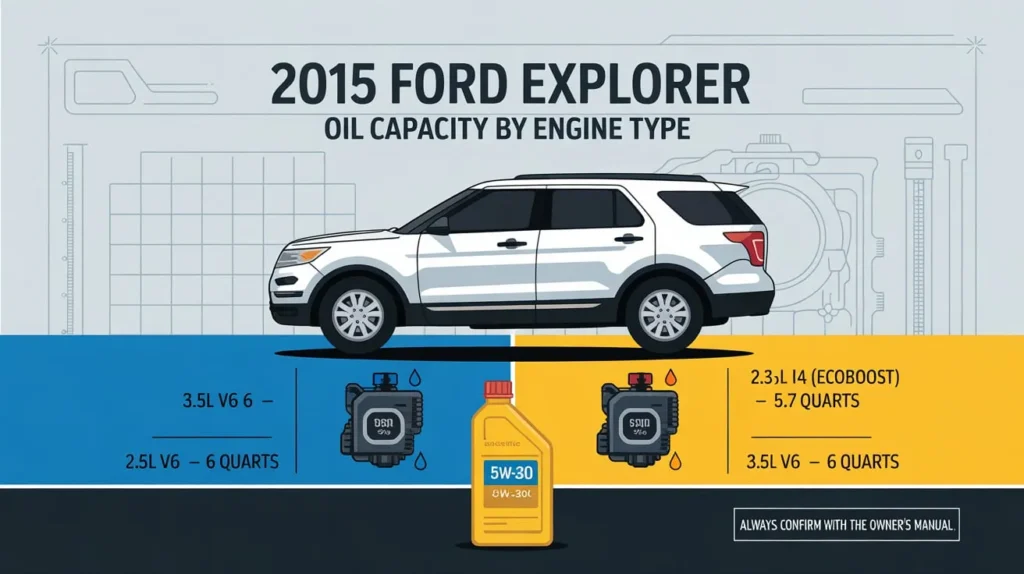 "2015 Ford Explorer oil type and capacity chart by engine: 5W-30 for 2.3L, 2.5L, 3.5L engines with quart info"