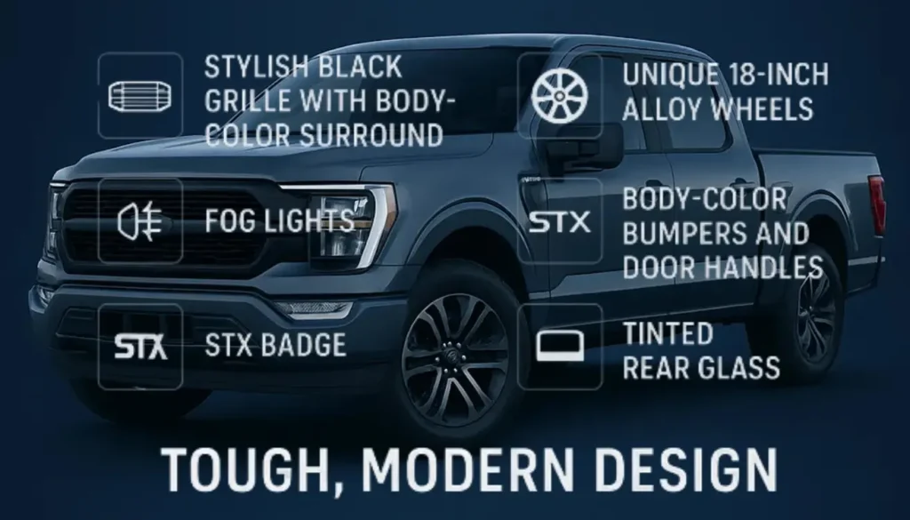 Ford STX truck with exterior features like black grille, 18-inch wheels, fog lights, and tinted glass on dark blue background.