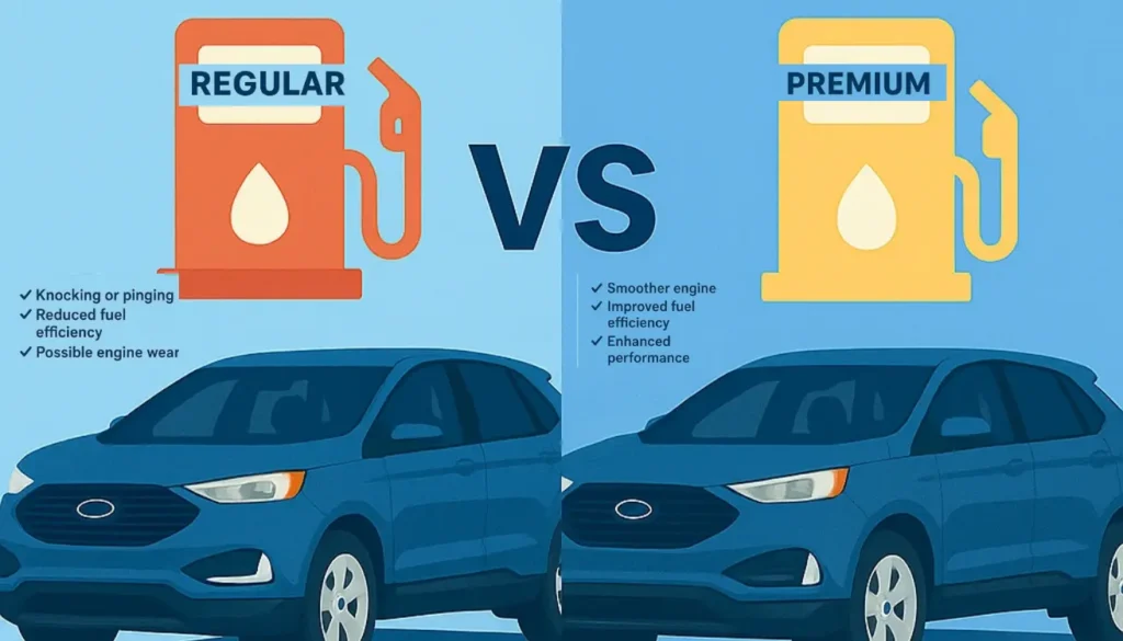 "Infographic comparing regular vs premium fuel for cars, showing effects on engine, fuel efficiency, and performance."