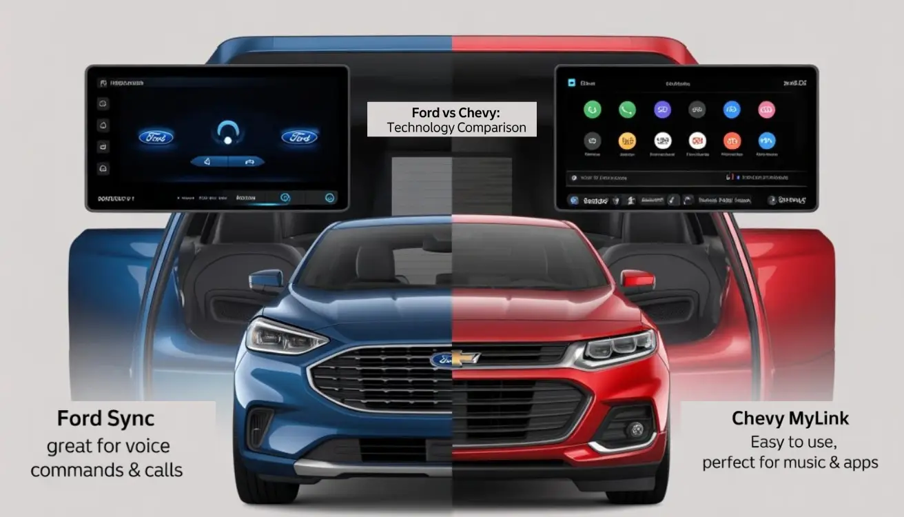 Ford vs Chevy technology comparison showing Ford Sync for voice commands and Chevy MyLink for music, apps, and easy usability.