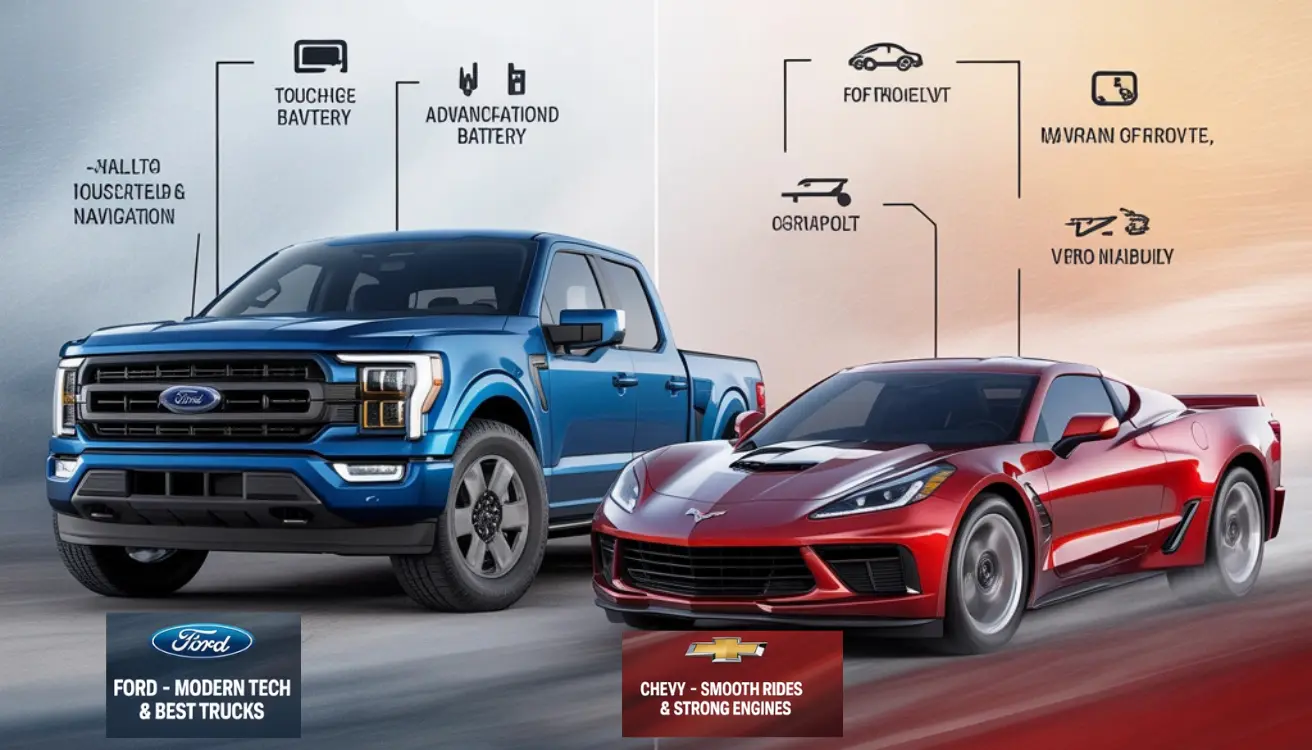 "Ford vs Chevy comparison featuring a blue Ford truck and a red Chevy sports car with highlighted features and brand slogans."