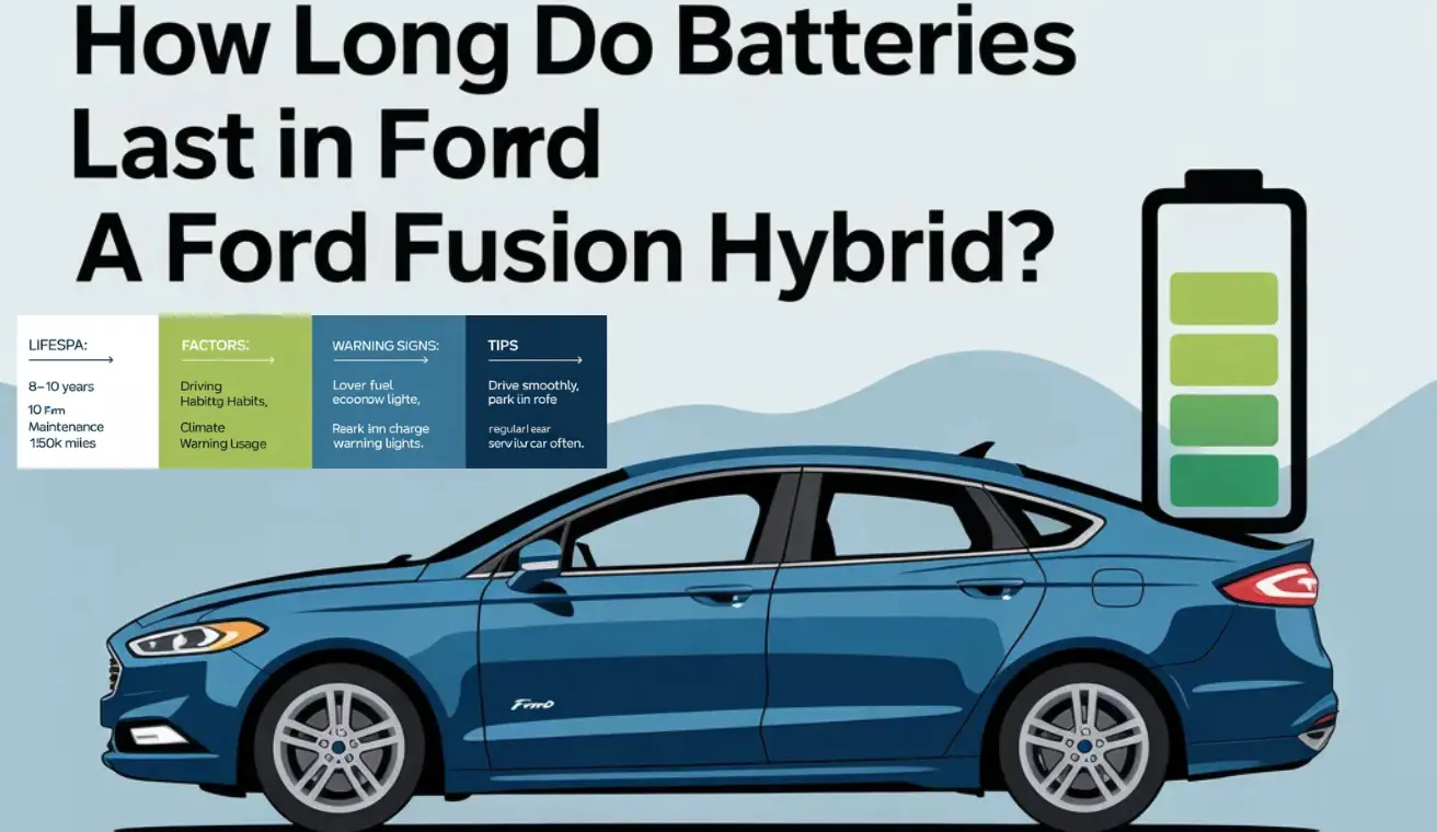 "Infographic on Ford Fusion Hybrid battery life, covering lifespan, key factors, warning signs, and tips for longer use."