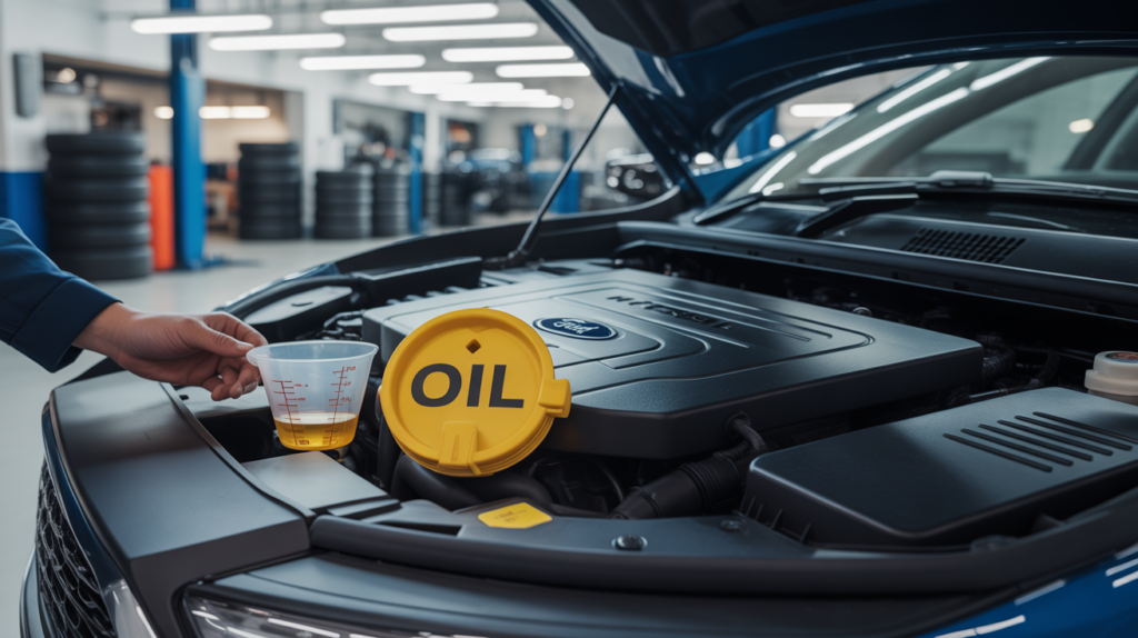 Mechanic checking engine oil type for Ford Fusion 2020 during routine maintenance in service garage.