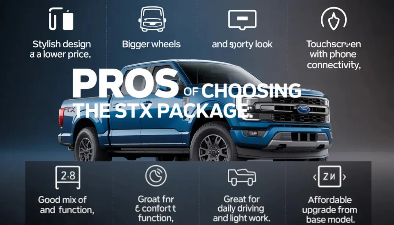 Blue Ford truck showcasing STX package benefits like sporty design, bigger wheels, touchscreen, and daily use versatility.