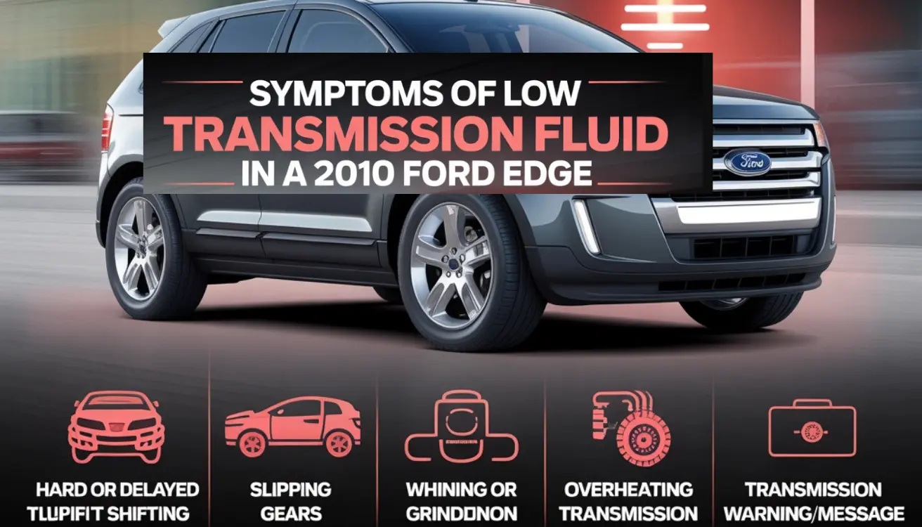 "Infographic of 2010 Ford Edge showing symptoms of low transmission fluid such as slipping gears, overheating, and warning light."