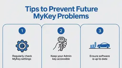 Infographic showing tips to prevent MyKey issues and steps related to how to remove MyKey from Ford vehicles.