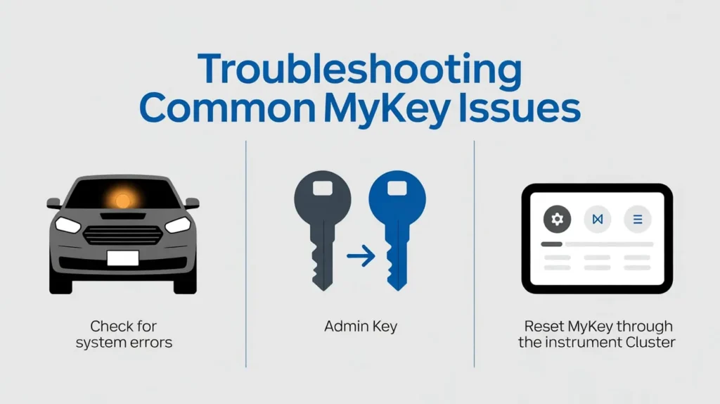 Infographic showing steps for troubleshooting common MyKey issues and how to remove MyKey from Ford vehicles.
