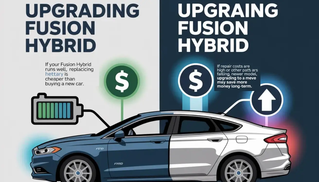 "Infographic on upgrading Ford Fusion Hybrid, comparing battery replacement costs versus benefits of a newer model upgrade."