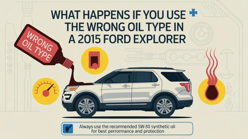 Using the wrong 2015 Ford Explorer oil type can cause damage; always use recommended 5W-30 synthetic oil