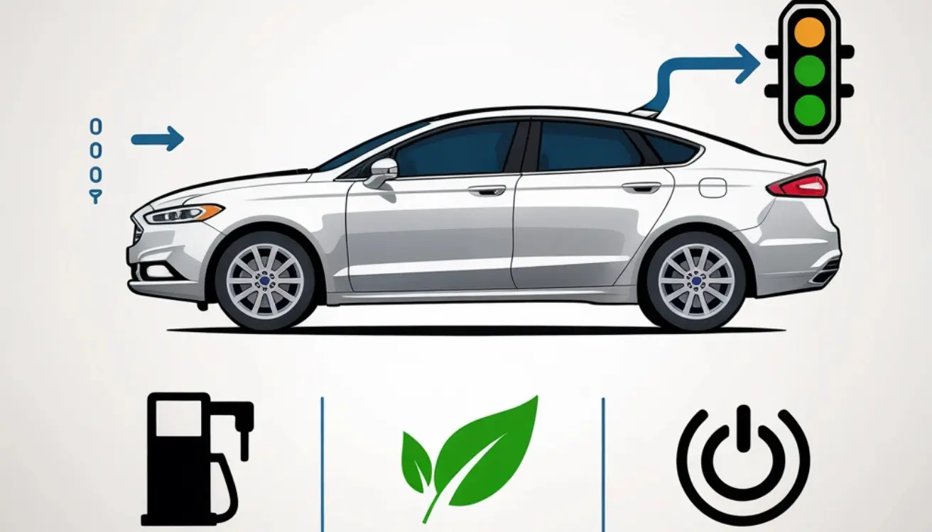 ilustration explaining what is Auto Start on a Ford Fusion, showing fuel saving and eco-friendly benefits.