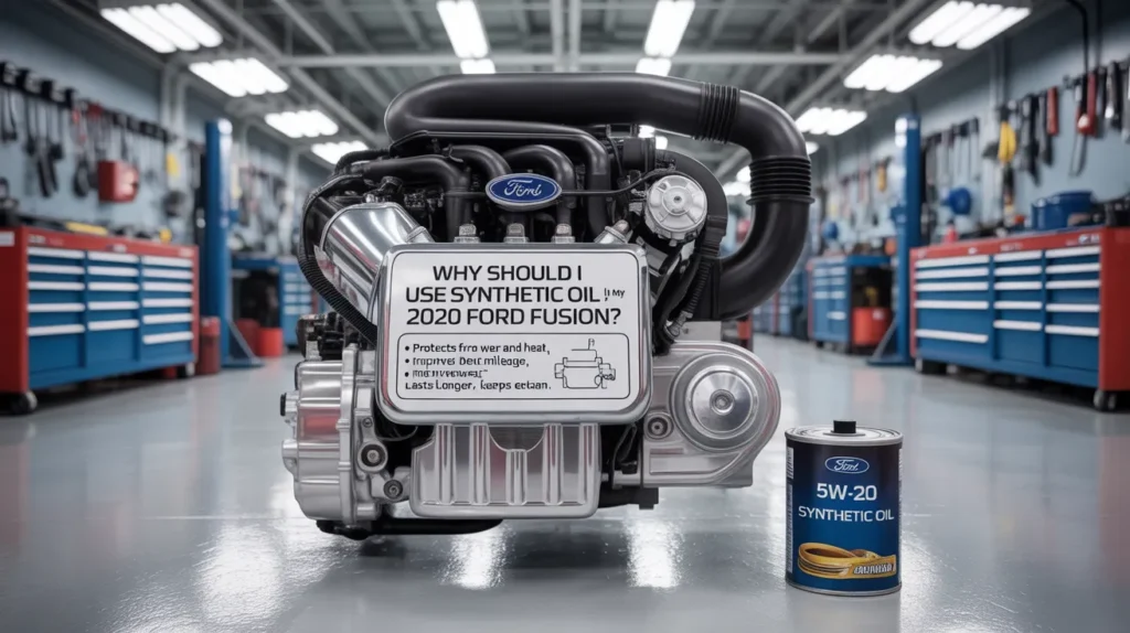 Synthetic 5W-20 oil for Ford Fusion 2020 engine, showing benefits of using synthetic oil for better performance.