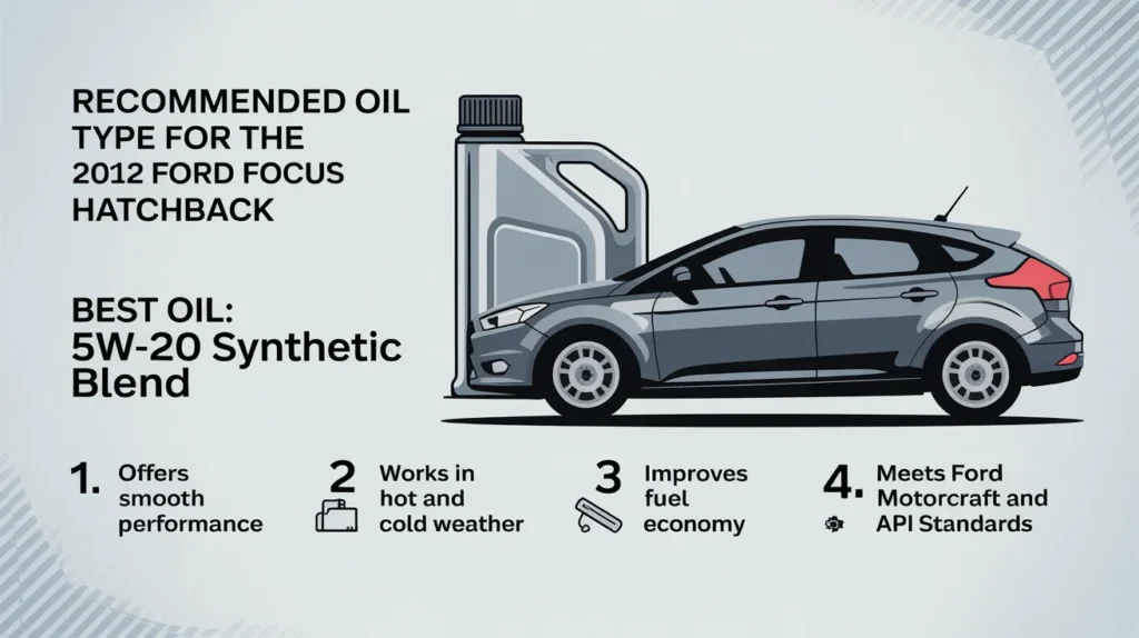 “Recommended 2012 Ford Focus Hatchback oil type showing 5W-20 synthetic blend for smooth and efficient performance.”