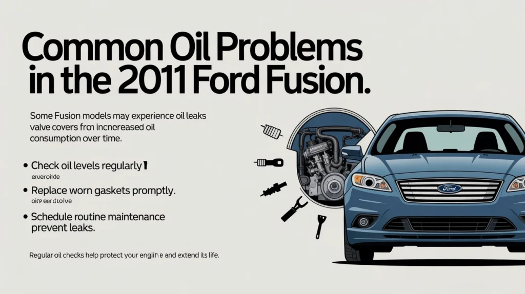 Common oil problems in the 2011 Ford Fusion showing engine oil leaks, maintenance tips, and vehicle front illustration