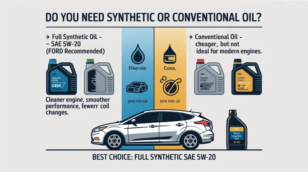 “2014 Ford Focus Oil Type comparison showing full synthetic SAE 5W-20 vs conventional oil for better engine performance.”
