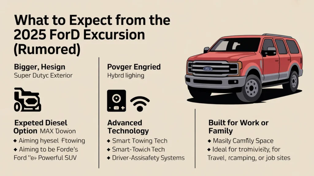 What to expect from the rumored 2025 Ford Excursion, showing design, diesel option, advanced technology, and family use.