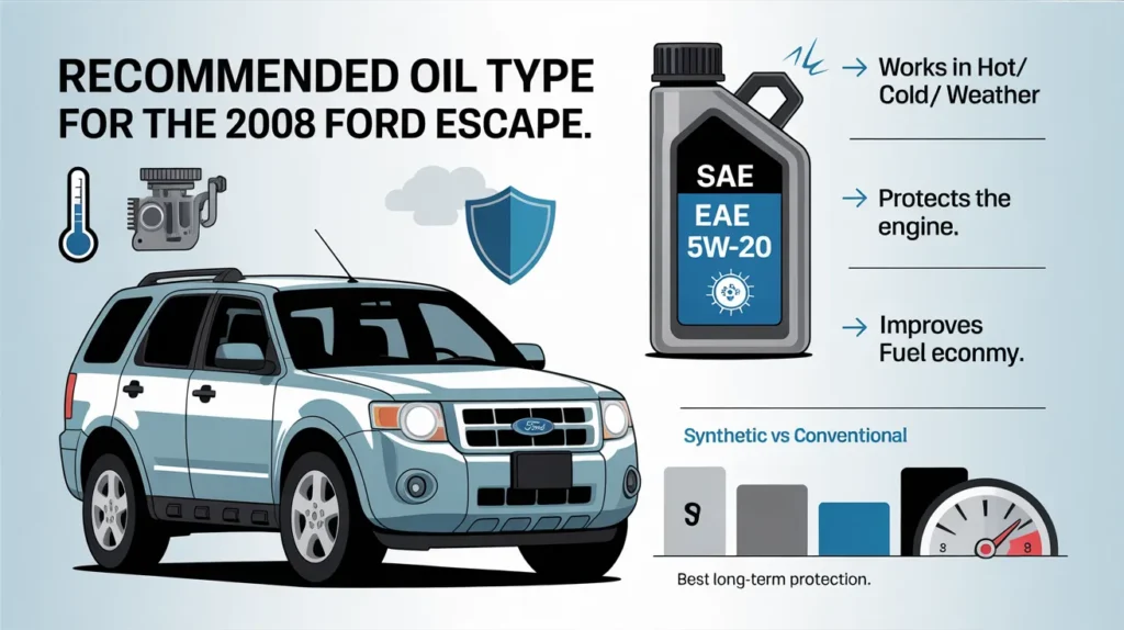 2008 Ford Escape Oil Type infographic showing recommended SAE 5W-20 engine oil for better protection and fuel efficiency.