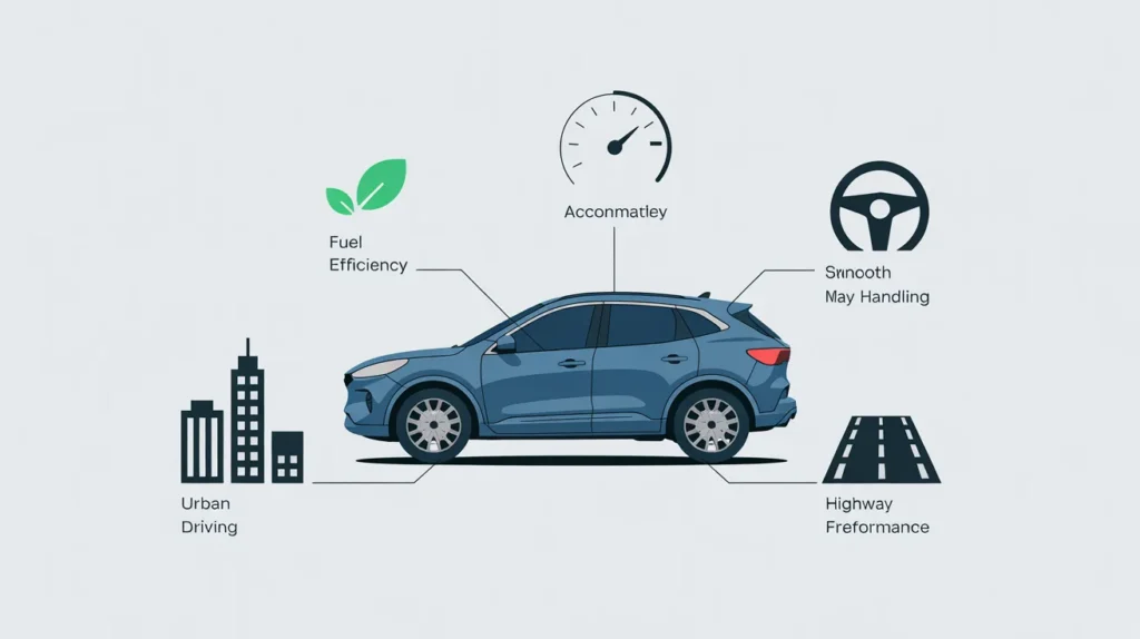 “Is a Ford Escape an SUV? Side view infographic showing fuel efficiency, smooth handling, and city-highway performance.”