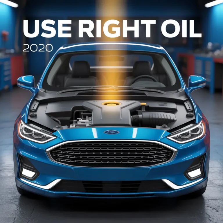"Blue 2020 Ford car with open hood highlighting engine oil cap, emphasizing the importance of using the right oil."