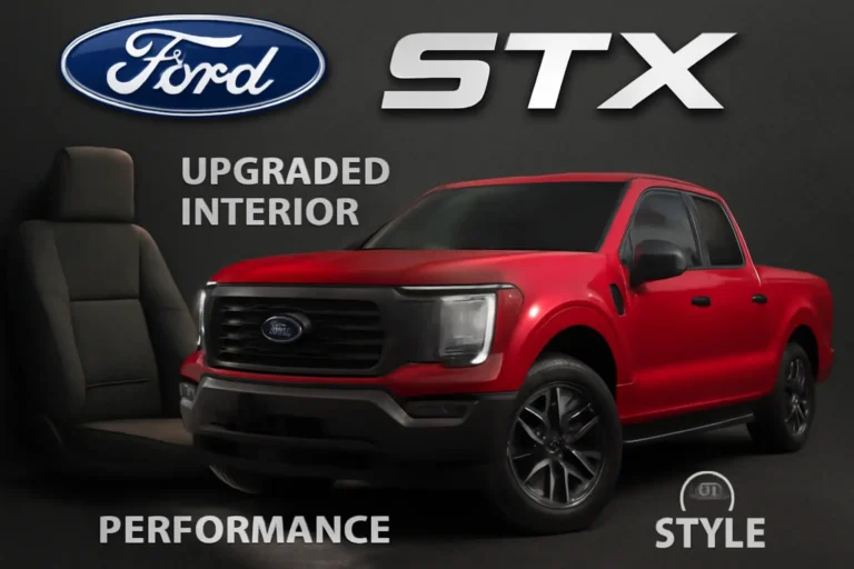 Red Ford STX pickup truck with upgraded interior, showcasing style, performance, and comfort features on black background.