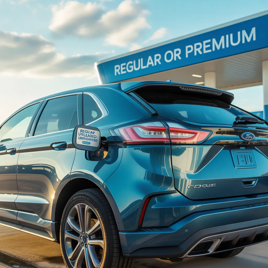 "Blue Ford Edge SUV at a gas station with fuel door open, showing regular unleaded option under clear sky background."