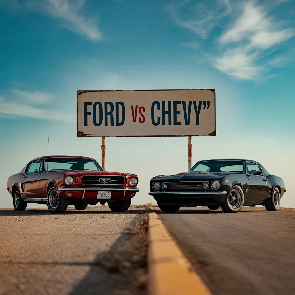 Classic red Ford Mustang and black Chevy Camaro parked under a “Ford vs Chevy” sign, highlighting an iconic American car rivalry.
