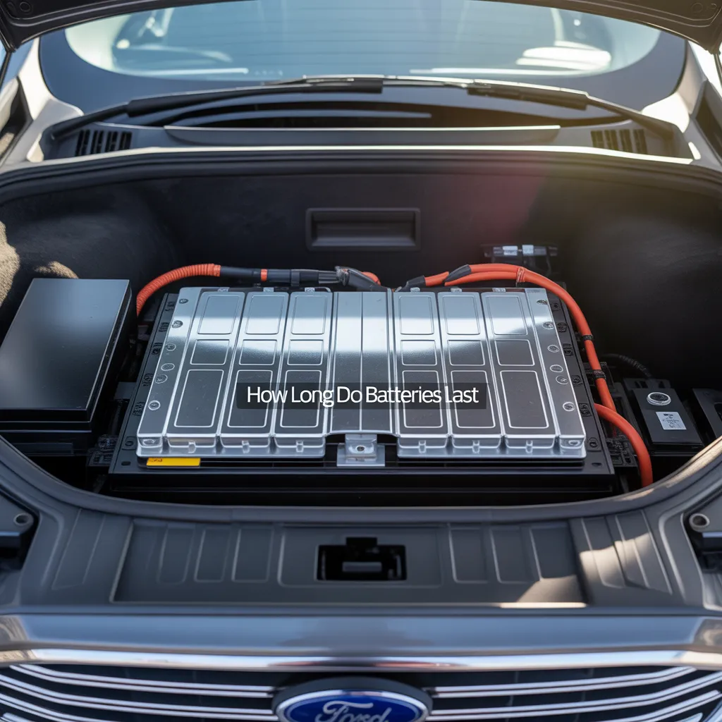 "Close-up view of an electric car battery pack inside the trunk of a Ford vehicle, with text asking how long batteries last."