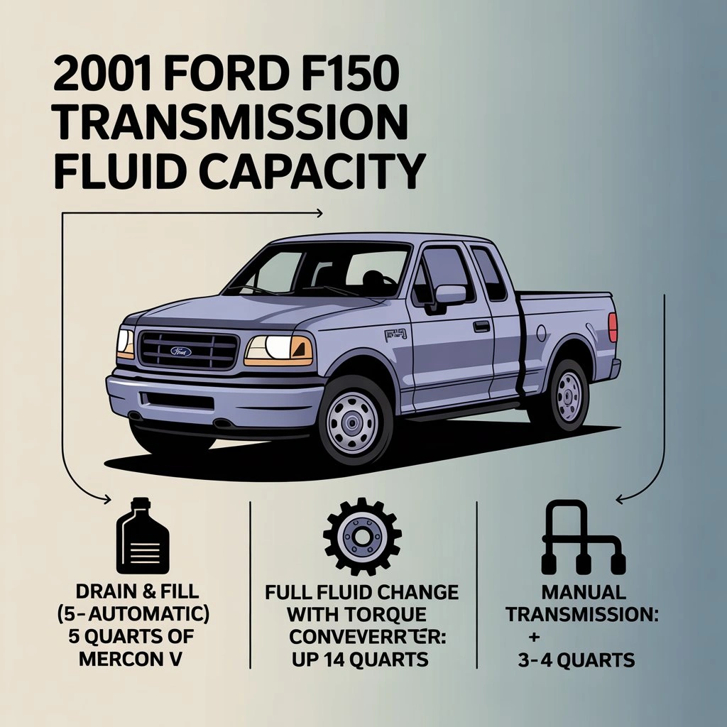 2001 Ford F150 transmission fluid type and capacity guide showing Mercon V details for automatic and manual.