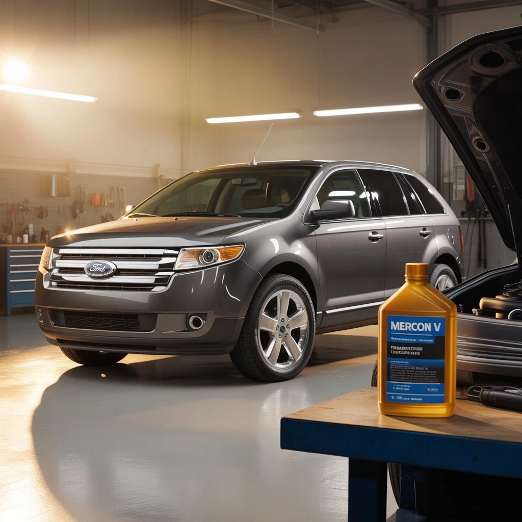 "Ford SUV parked in an auto repair workshop with Mercon V transmission fluid bottle placed on the workbench in the foreground."