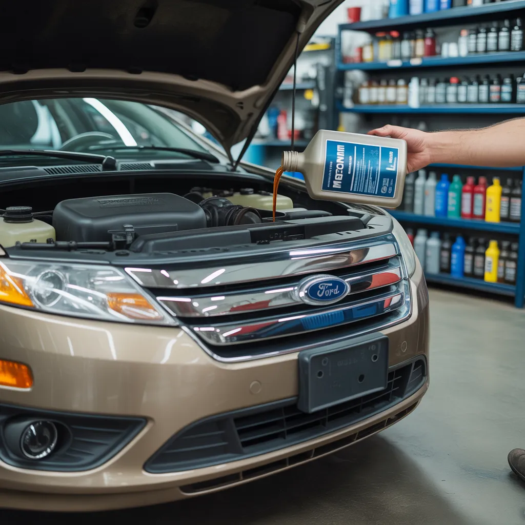 "Man adding engine oil to a Ford car during maintenance-2012 Ford Fusion 2.5 transmission fluid type​
