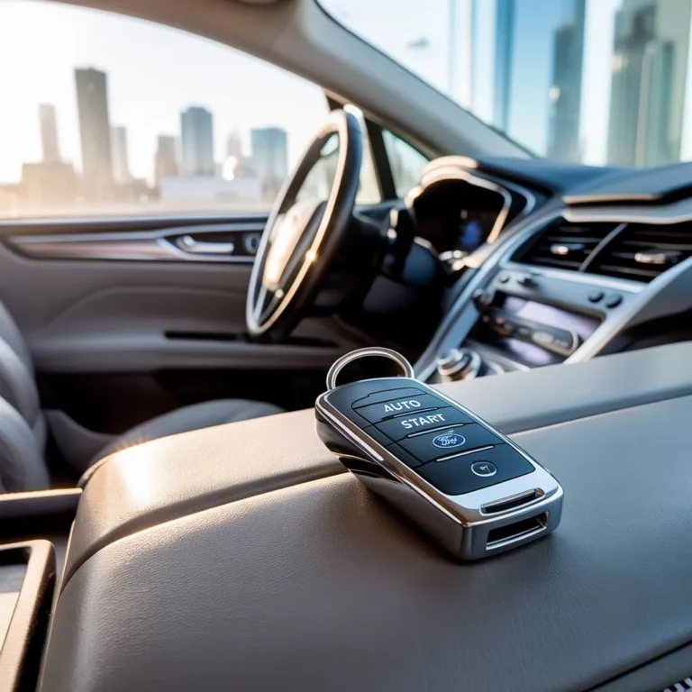 "Ford Fusion auto start key fob placed on dashboard, highlighting remote start feature and interior design."