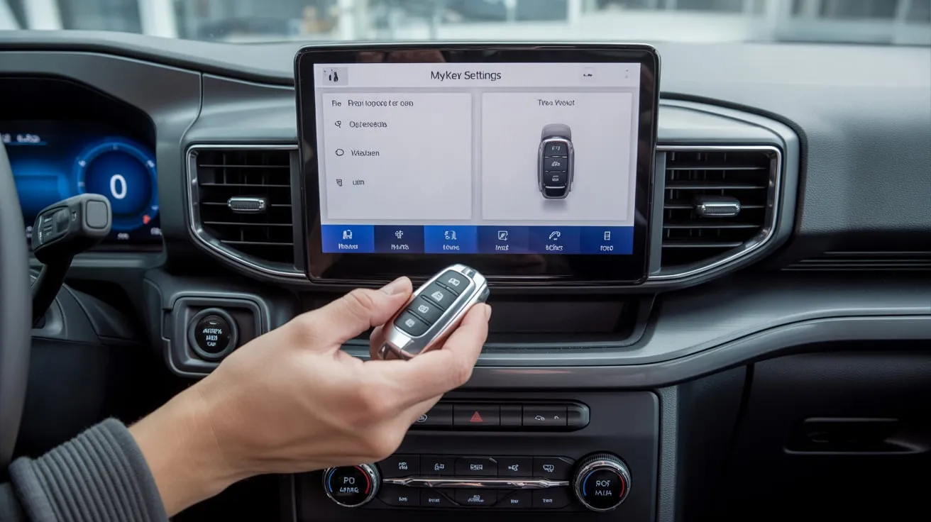 Person holding Ford key fob while accessing MyKey settings on screen to learn how to remove MyKey from Ford.