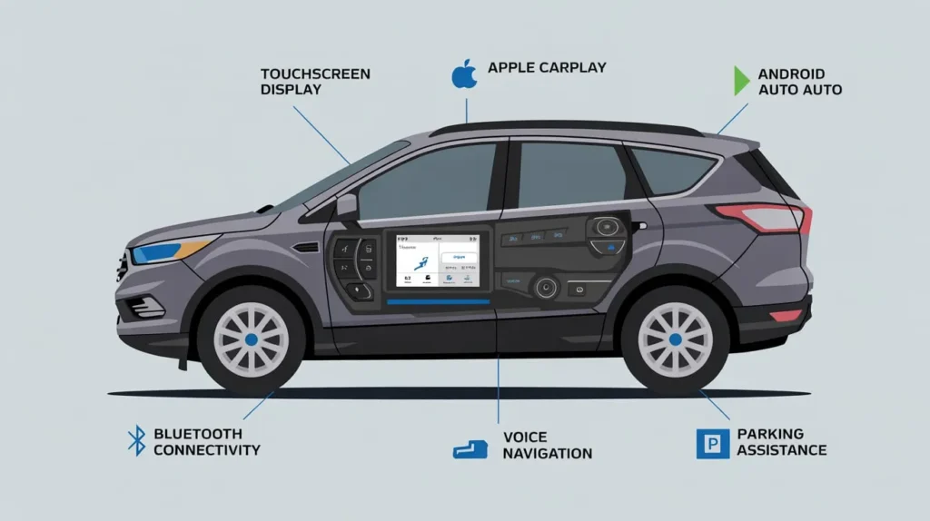 “Is a Ford Escape an SUV? Interior tech infographic showing touchscreen display, Apple CarPlay, Android Auto, and parking assist.”