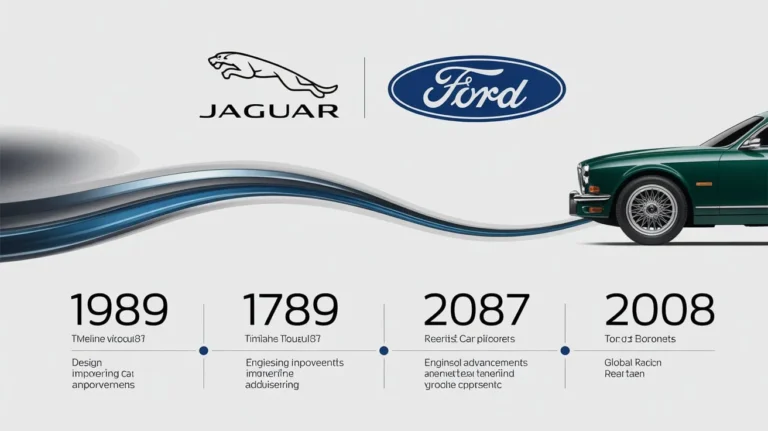 Jaguar and Ford partnership timeline showing key milestones, branding evolution, and automotive development from 1989 to 2008.